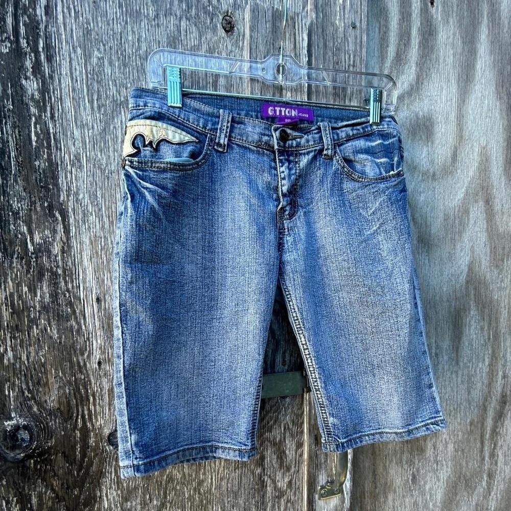 G.TTON Jeans Y2K Denim Bermuda Shorts Medium Wash Western Applique Womens 9/10